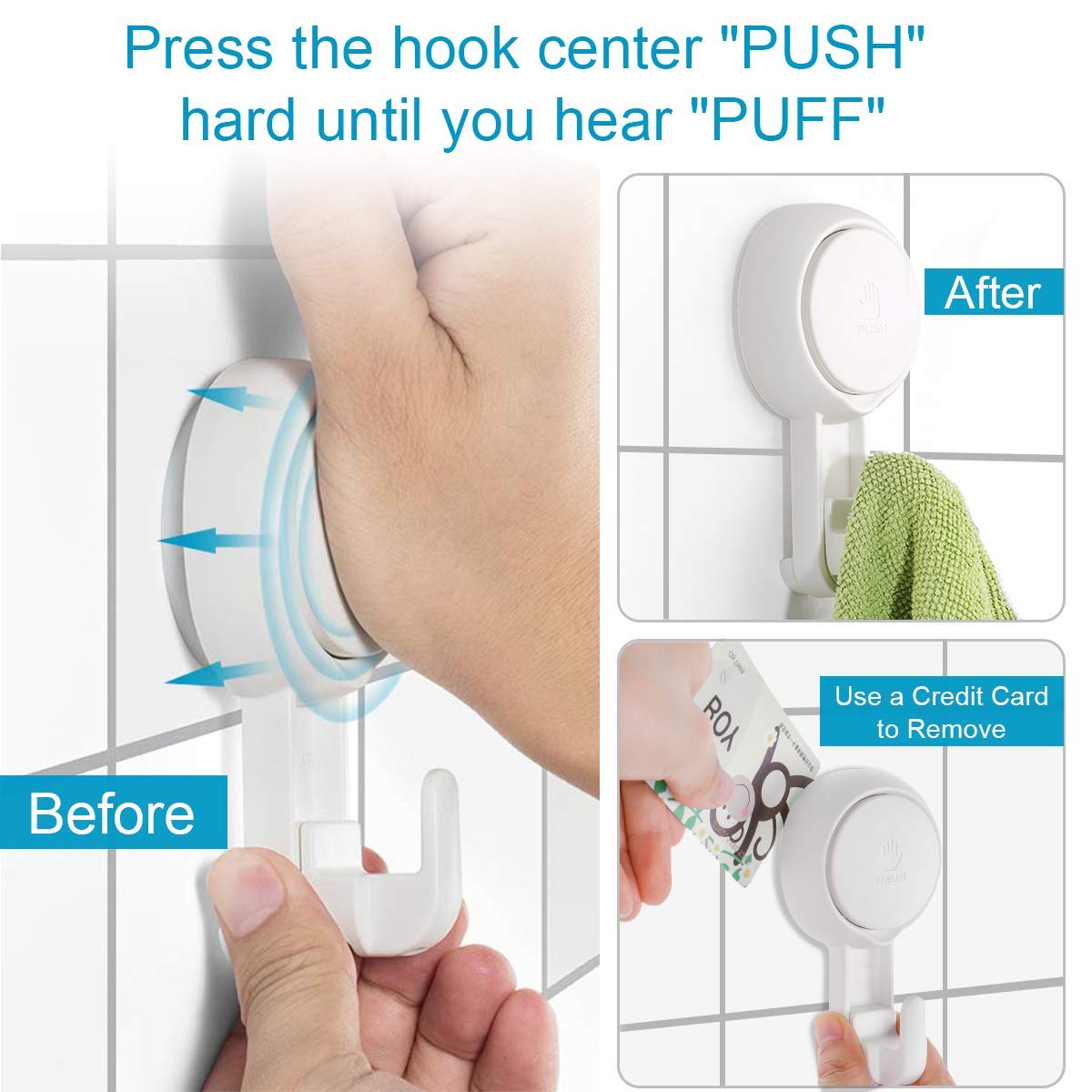 LUXEAR Suction Hooks Powerful Vacuum Suction Cup Hooks- Heavy Duty Shower Hooks Waterproof Suction Hanger for Bathroom Kitchen Towel, Robe, Loofah Removable and Reusable Hooks for Bags Coat (2 Pack)