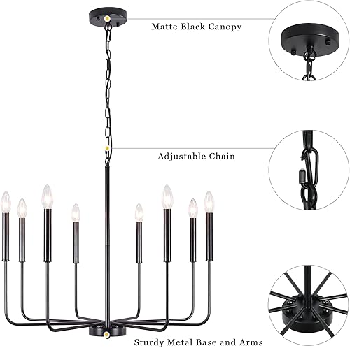 Miniatura 6 de Candelabro negro para comedor, 8 luces modernas de estilo rústico para comedor, lámpara colgante de vela para sala de estar, vestíbulo, entrada,