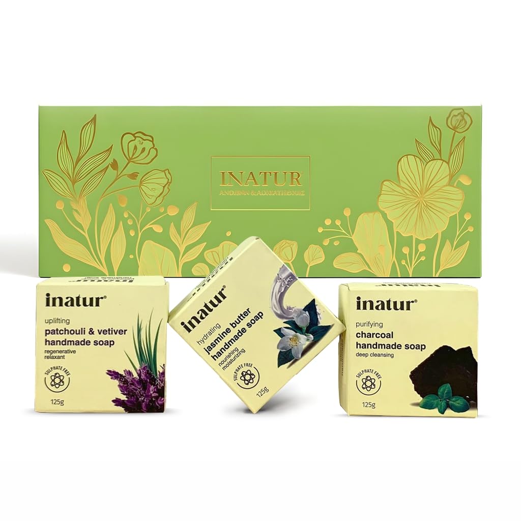 inatur Premium Handmade Soap Gift Set of 3 | Charcoal, Jasmine Butter & Patchouli Vetiver | Detoxifying, Nourishing & Rejuvenating Bath Soaps | Natural, Paraben-Free, Skin Brightening, Gift Box for Men & Women-image-38