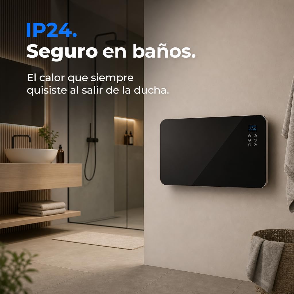Emisor Térmico de Cristal 2000W, 2 Potencias, IP24, Temporizador, Negro