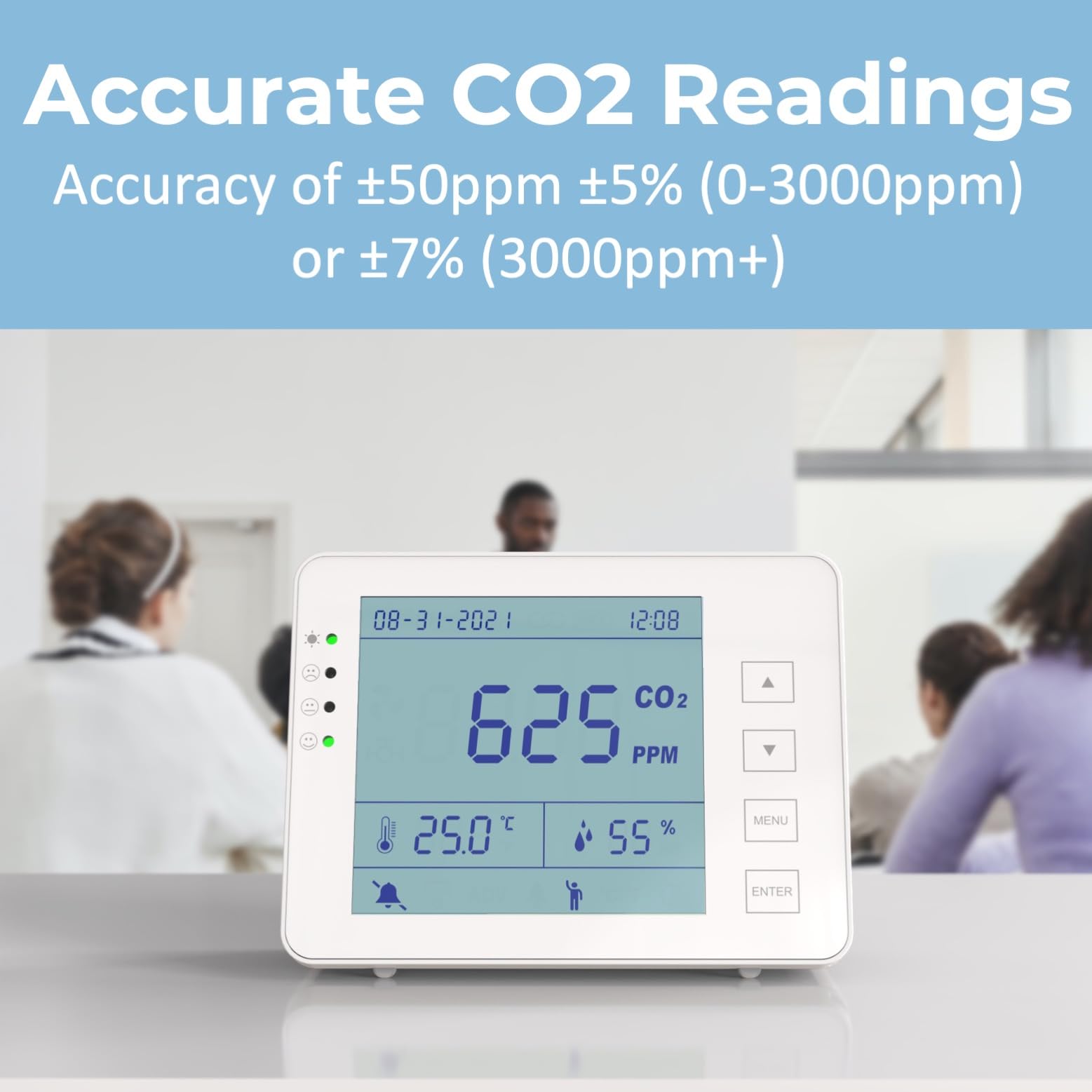 Detector 3 en 1 – Medidor CO2 Temperatura Humedad RH | Batería 10h | SA1300P | Sensor NDIR | Registrador de datos con alarma | para casa y ambientes interiores | Registrador de datos | Dióxido de