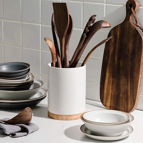 Miniatura 3 de Sweejar Soporte para utensilios de cocina con parte inferior de madera, vajilla de cerámica de 6.7 pulgadas para sostener espátulas para encimera de
