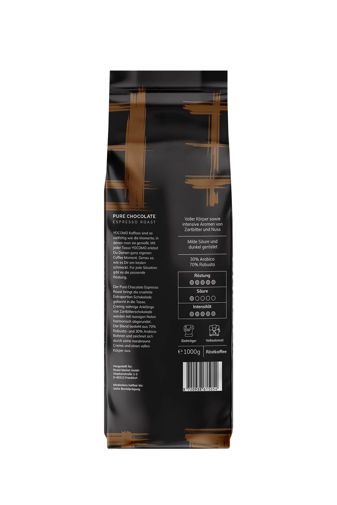 YOCOMO Pure Chocolate Espresso Roast (1kg) | Siebträgermaschinen, Kaffeevollautomaten & Espressokocher | Arabica Robusta | Wenig Säure | schokoladig, nussig | Säurearm | Ganze Bohne