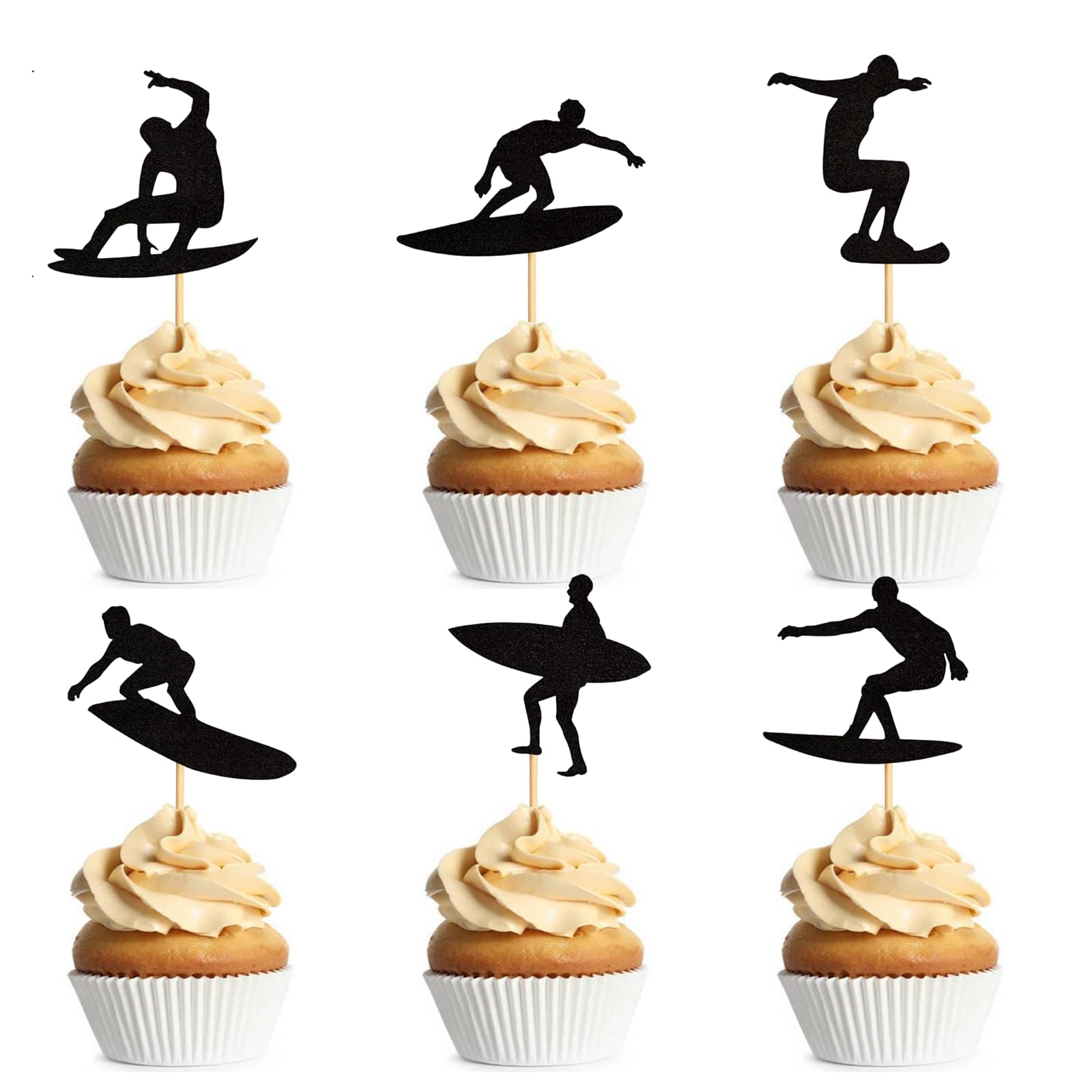 24PCS Surfing Cupcake Toppers Summer Surfboard Sport Cake Toppers Decoration for Summer Beach Surfing Theme Birthday Party Supplies Black — image 1