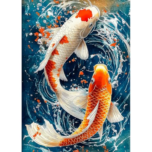 Amz Camel Diamond Painting Kit, 30x40cm Two Koi Fish Artwork, Round Drill DIY Craft for Home Office Decoration, Symbol of Luck and Good Fortune Gift