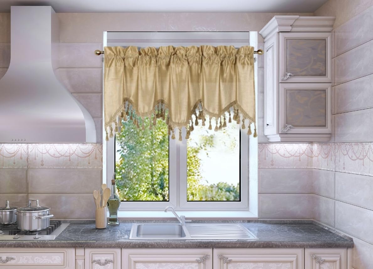 Solid Faux Silk Swag Waterfall Cascade Ascot Window Curtain Valance w/Tassels Trim 55" x18" Wave (1, Gold)
