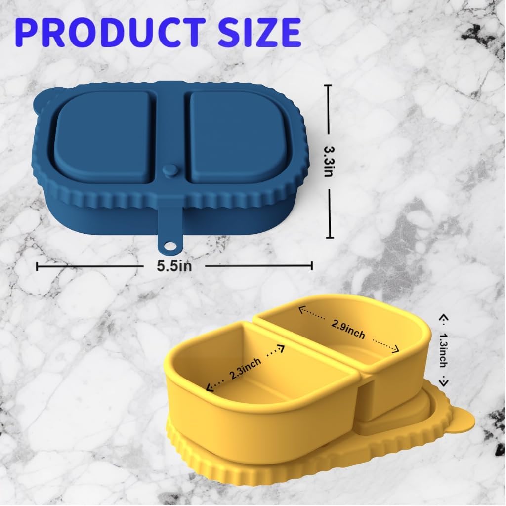 Leakproof Silicone Snack Containers with Lids – 2 Compartment Food Storage Box, Reusable Airtight Containers for Travel, Office, Gym & Meal Prep (Dark Blue + Yellow)