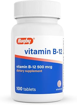 Rugby Vitamin B12 500 mcg, Gluten-Free, 100 Count 1-Pack | Daily B12 Supplement for Energy, Metabolism, Nerve, and Immune Support, No Animal By-Product and Soy-Free