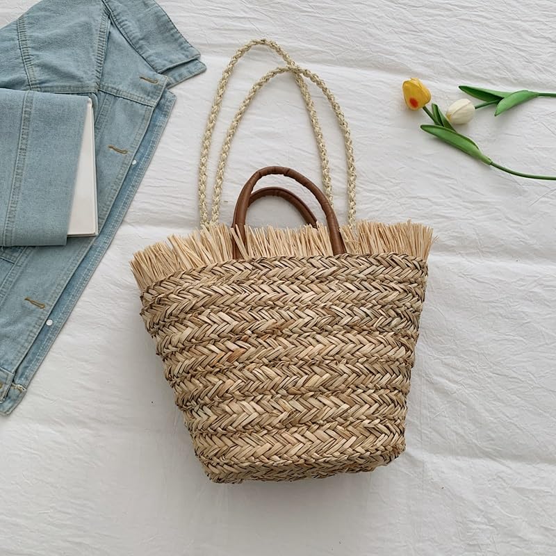 Women Bohemian Straw Grass Handbag Lightweight Tote