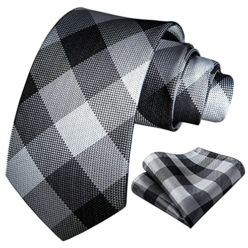 Image of HISDERN Ties for Men Formal Business Plaid Checked Mens Ties and Pocket Square Set Classic Wedding Necktie Handkerchief