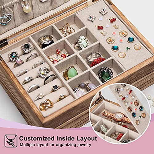 Pinzoveco Jewelry Box For Women, Rustic Wooden Jewelry Organizer Box For Storage Earrings Rings Necklace Bracelet, Farmhouse Style Wood Jewelry Boxes & Organizers (Torched Wood Color) #TOP2