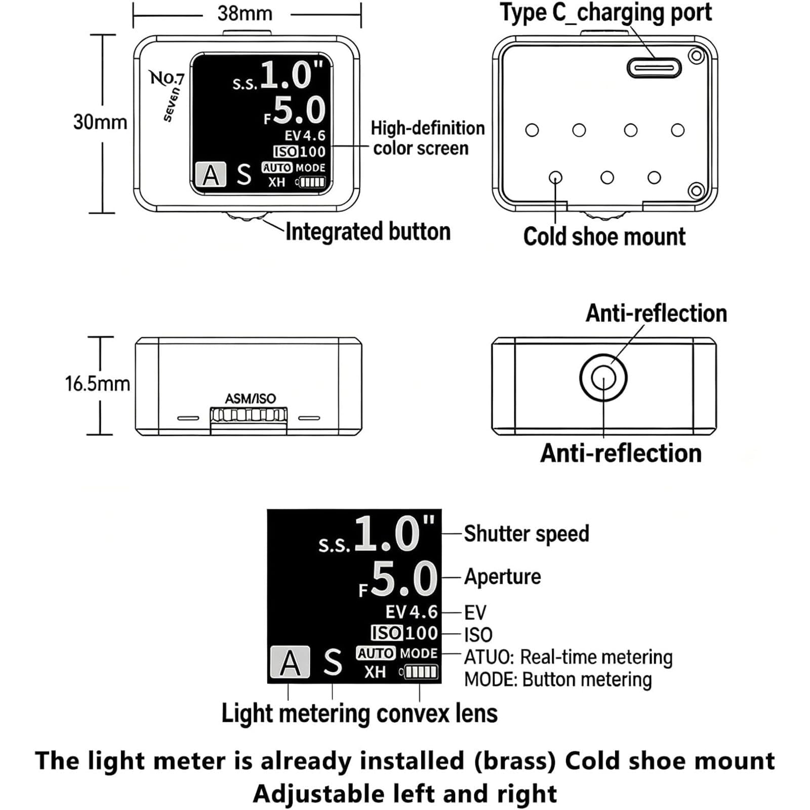 COYEUX Esposimetro Digitale Vintage per Pellicole Fotografiche, Misuratore di Esposizione Riflessa con Campo Visivo di 30°, Display OLED A Doppia modalità Ad Alta Precisione da 1,54" con