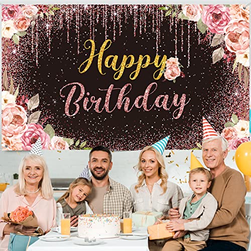 Happy Birthday Backdrop Decorations For Women Background Party Supplies Rose Backdrop Photography For Girls Boys Floral Glitters Banner Wedding Baby Shower Decor (Black) #TOP6