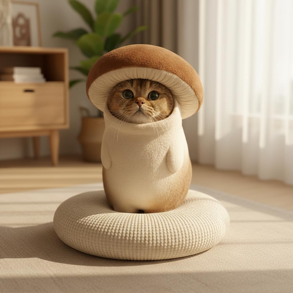 Cat Cute Soft Plush Mushroom Cat Costume, Warm Sherpa Fleece Hoodie Apparel for Small Cats Cosplay Gift (Brown 1,One Size)