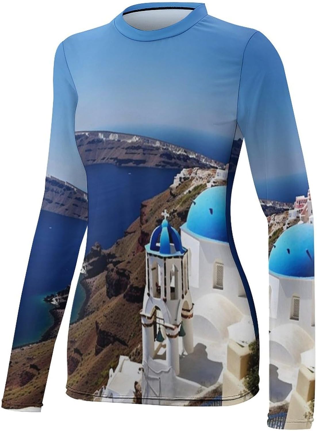 Santorini Greek Sea View Rash Guard for Women Long Sleeve Swimsuits Sun Protection Sun Shirt Swim Shirts Hiking Tops