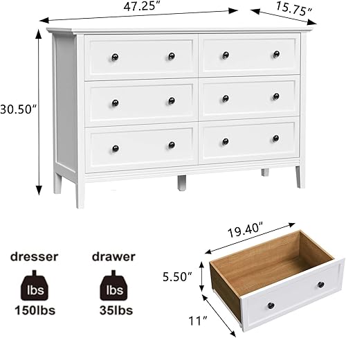 Miniatura 2 de JOZZBY Cómoda blanca, cómoda de 6 cajones dobles para dormitorio con asas dobles de metal, aparadores de madera con cajones profundos para dormitorio
