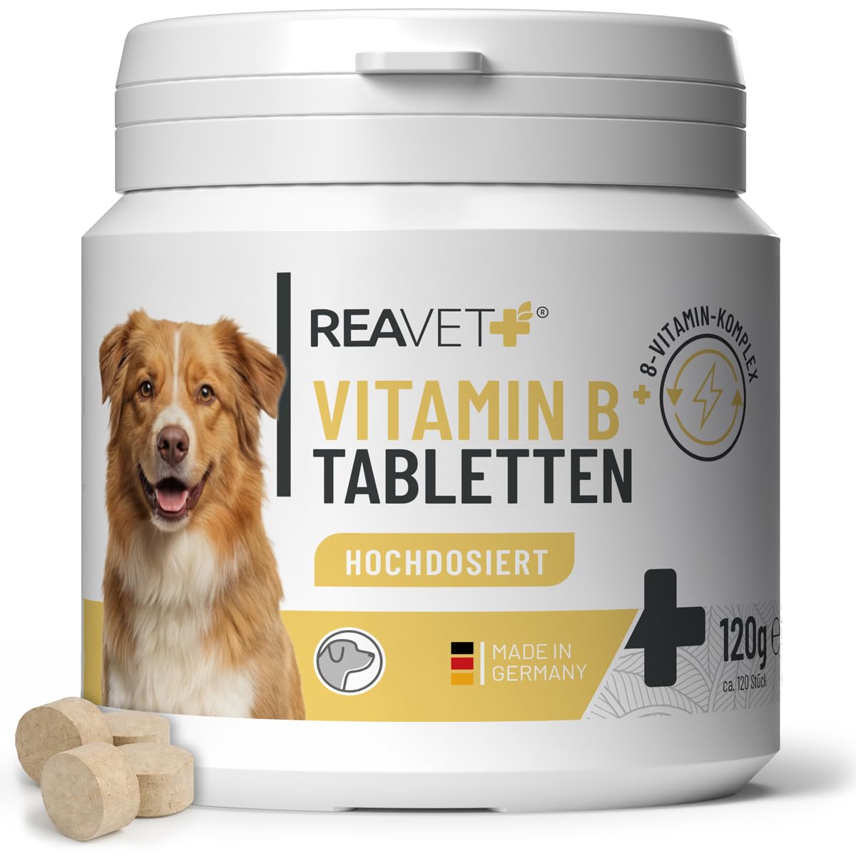 ReaVET Vitamin B Komplex für Hunde – 120 Tabletten hochdosiert I 8-Fach B-Vitamine (B1, B2, B3, B5, B6, B7, B9, B12) unterstützt Energiestoffwechsel, Normale Nervenfunktion & Fell