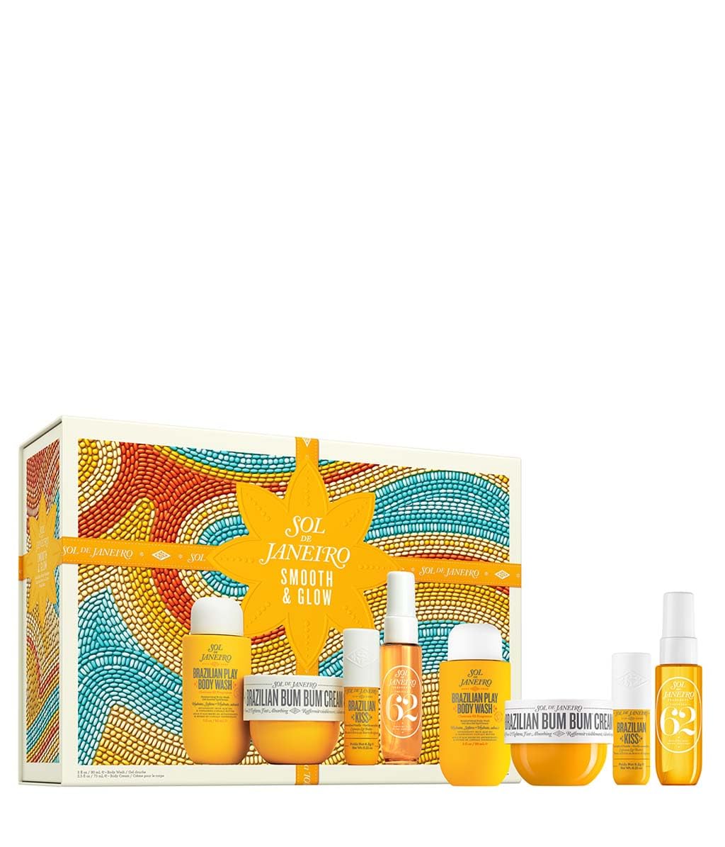 Sol de Janeiro Gift Set - Smooth & Glow Body Routine | Travel Size Bum Bum Minis including Bum Bum Cream, Brazilian Play Body Wash, Cheirosa 62 Mist, and Brazilian Kiss Lip Balm