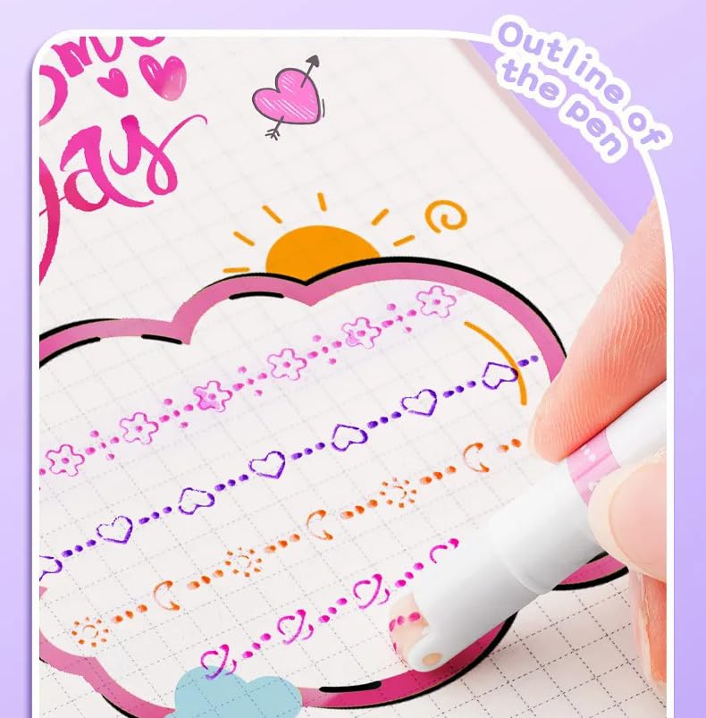 VGRASSP Linear Roller Curve Highlighter Pen Pack Of 6 Pens - Toy Set For Kids And Adults - Includes 6 Different Patterns and 6 Colors - Best For Decorating Scrapbook, Highlighting Text - Image 2 thumbnail