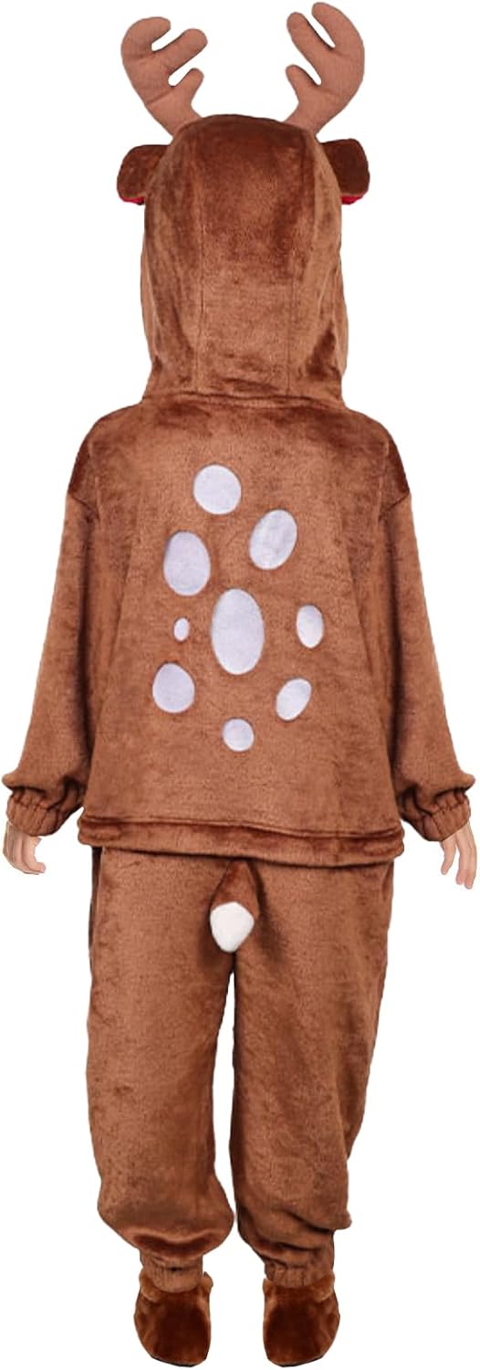 Kids Reindeer Onesie Pajamas, Flannel Deer Christmas Halloween Cosplay Costumes for Girls Boys 4-10Y - Image 3