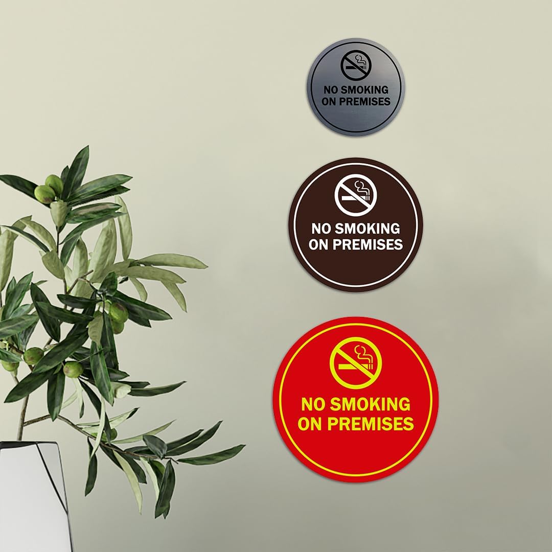Signs ByLITA Circle No Smoking on Premises Sign with Adhesive Tape, Mounts On Any Surface, Weather Resistant, Indoor/Outdoor Use (Brushed Gold) - X-Large (2 Pack)