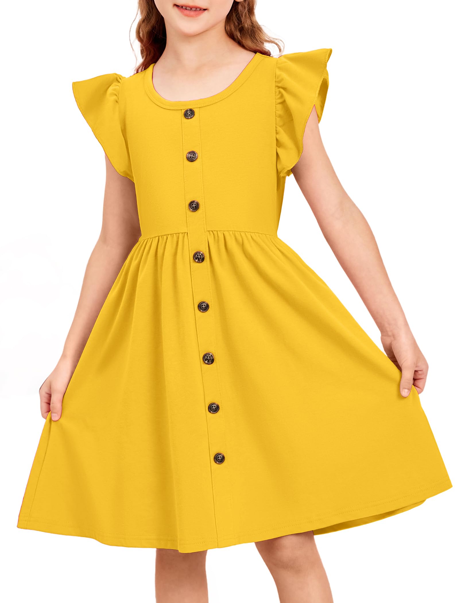 Arshiner Niñas Vestidos de Verano Volantes Niños de Algodón Vestido de Ocio Botón A-Line Midi Cuello Redondo Vestido de Fiesta para Niña 4-13 años