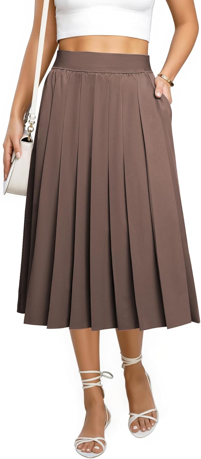 Pleated Skirts for Women with Pockets Elastic High Waisted Flowy Midi Skirt A Line Fall Long Skirts Work Office