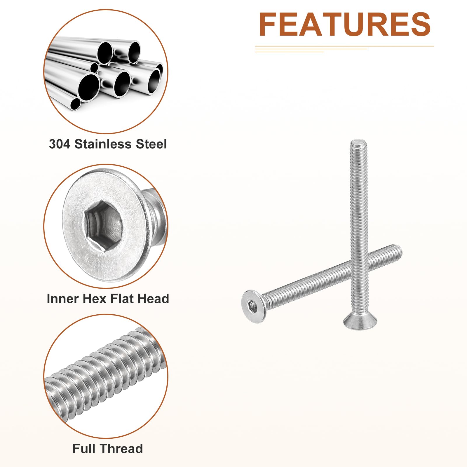 DTGN #8-32 x 1/2" Flat Head Socket Cap Screws, 100 Pack 304 Stainless Steel Hex Socket Flat Head Screws, Full Thread, Countersunk Bolts - Image 4