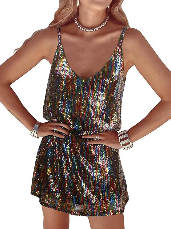Image of Women's Summer Sleeveless Mini Dress Deep V-Neck Glitter Sequin Dress Sexy Short Dress