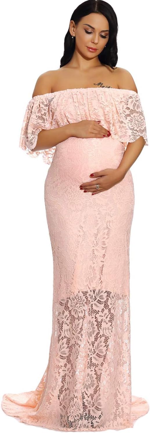 ZIUMUDY Women's Off Shoulder Ruffles Lace Maternity Gown Maxi Photography Baby Shower Dress
