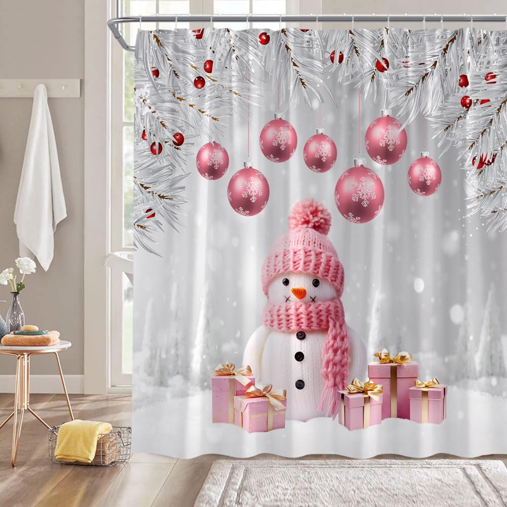 Snowman Shower Curtain Christmas Pink Cute Snowman Red Black Buffalo Plaid Snowflake Rustic Farmhouse Winter Holiday Fabric Bathroom Fabric Curtain with Hooks