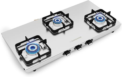 Sunshine Curvv 3 Burner | High Premium Stainless Steel Gas Stove | 2MM Stainless Steel | 5 Year Warranty On Body & Burner...