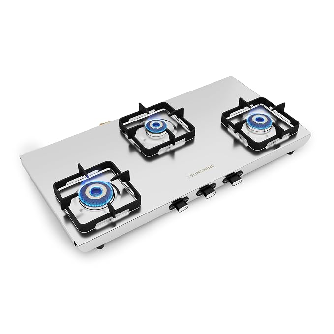 Sunshine Curvv 3 Burner | High Premium Stainless Steel Gas Stove | 2MM Stainless Steel | 5 Year Warranty On Body & Burner | Manual Ignition | LPG Ready & PNG Compatible (Classic - Silver)