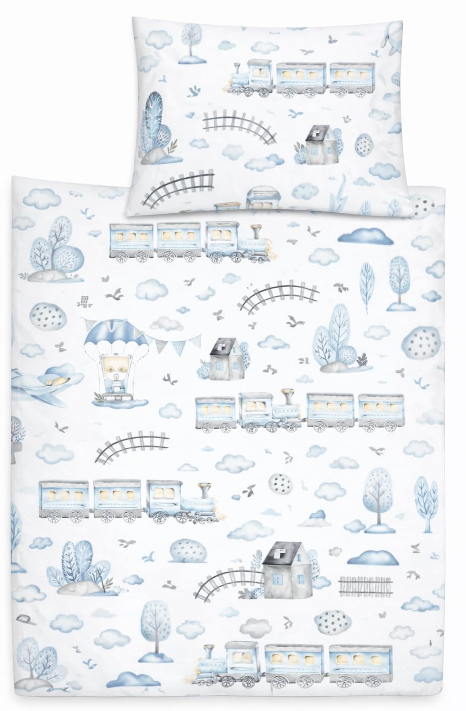 Baby Cot Bedding Set 120x90cm – 2pc Organic 100% Cotton Duvet Cover & Pillowcase for Cot Bed, Toddler, Breathable (Locomotive)