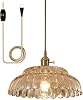 Plug in Pendant -11.8Light Hanging Lights with in Cord Mid Century Modern Gold Hanging Lamp Flower Glass Amber Vintage Dimmable Chandelier Ceiling Fixture for Living Room,Kitchen, CH