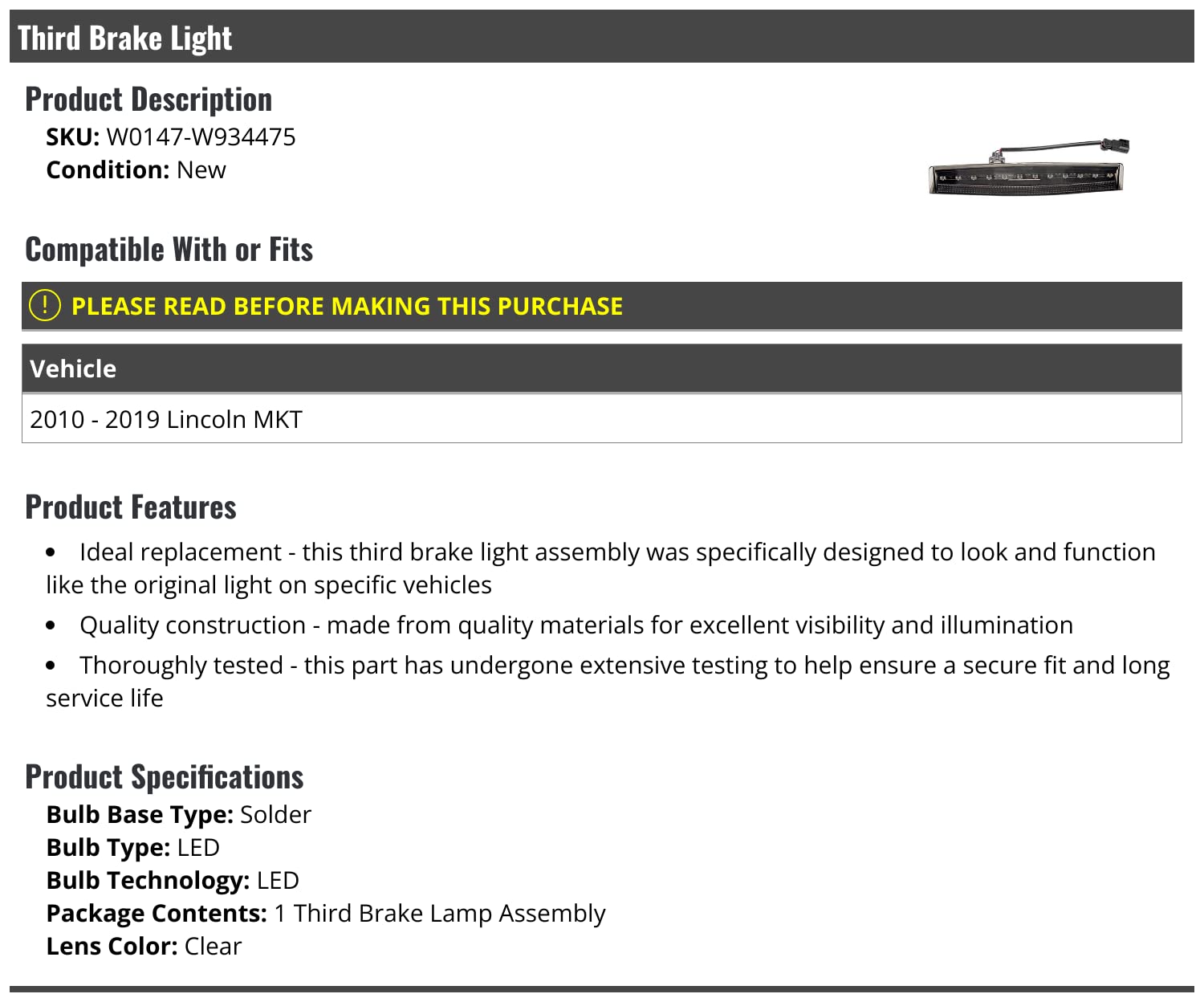 Marketplace Auto Parts Third Brake Light - LED - Clear- Compatible with 2010-2019 Lincoln MKT