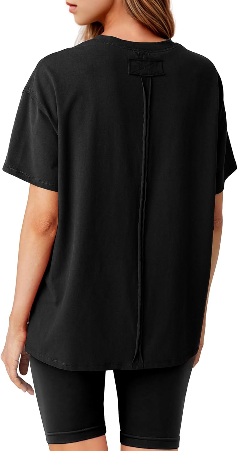 Lepunuo Oversized T Shirts for Women Summer Tops 2024 Trendy Cotton Casual Loose Fit Short Sleeve Side Slit Tee Shirts Black