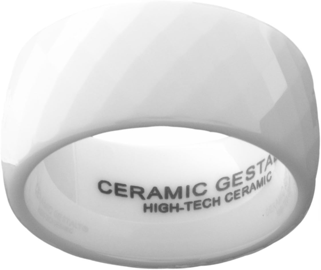 GESTALT COUTURE White Ceramic Ring 10mm Width. Faceted Design. Comfort Fit.