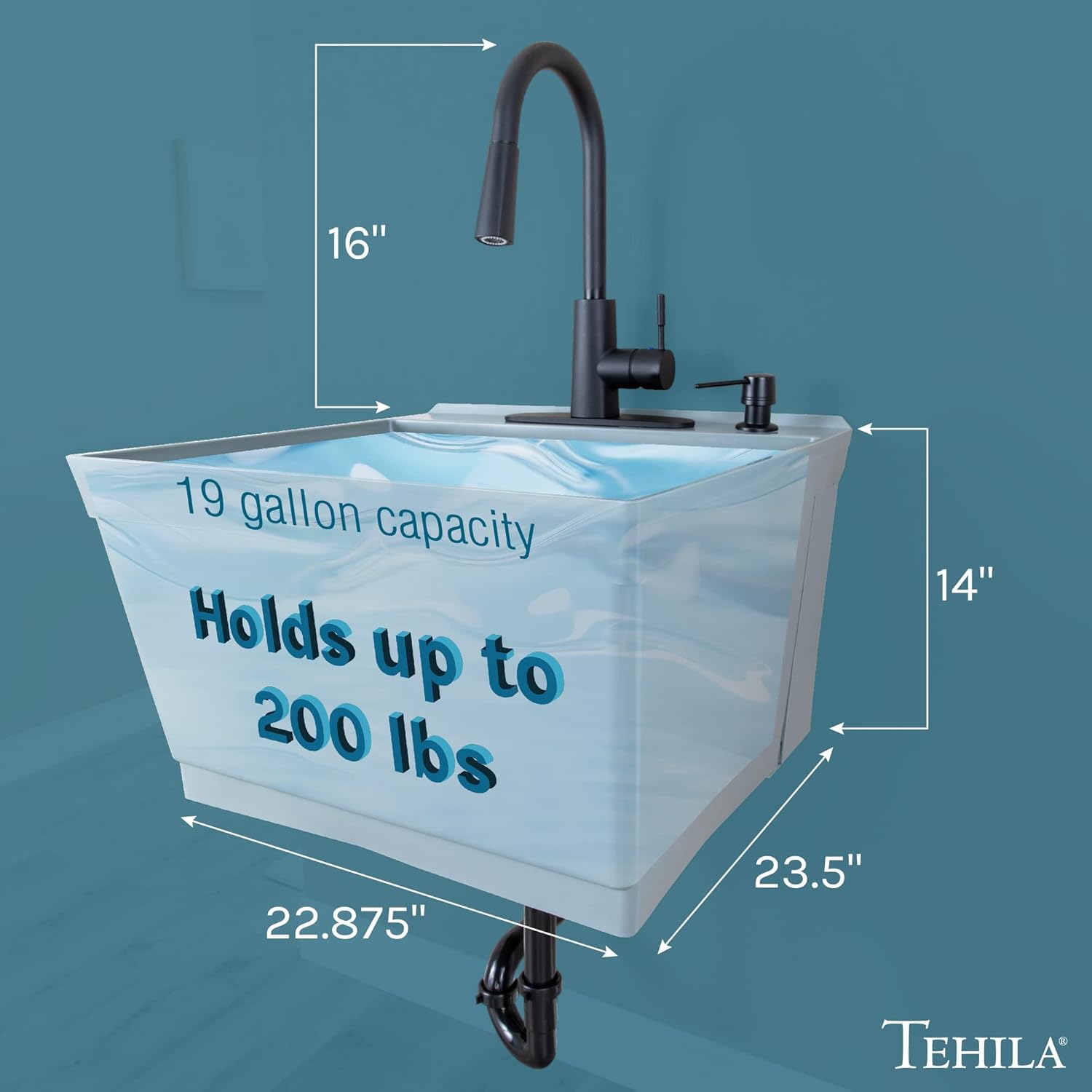 JS Jackson Supplies Tehila Grey Wall-Mounted Utility Sink Tub Kit with Black Pull-Down Faucet, Wall-Mounted Utility Tub with Wall Bracket for Laundry Room, Garage, Workshop