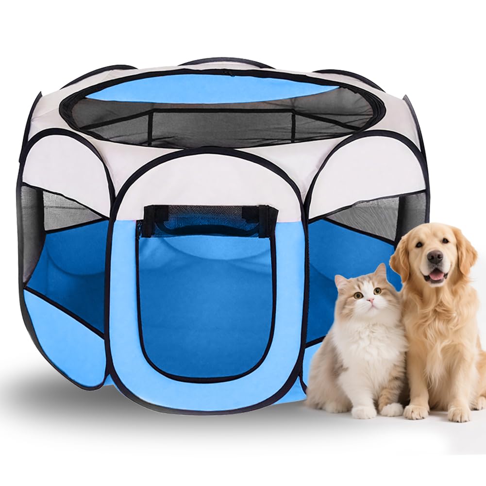 Foldable Pet Playpen, 74 x 74 x 43 cm, Puppy Playpen Made of Oxford Fabric and Breathable Mesh, for Both Indoor and Outdoor Use, Cats, Dogs, Rabbits and Small Animals (Beige + Blue)