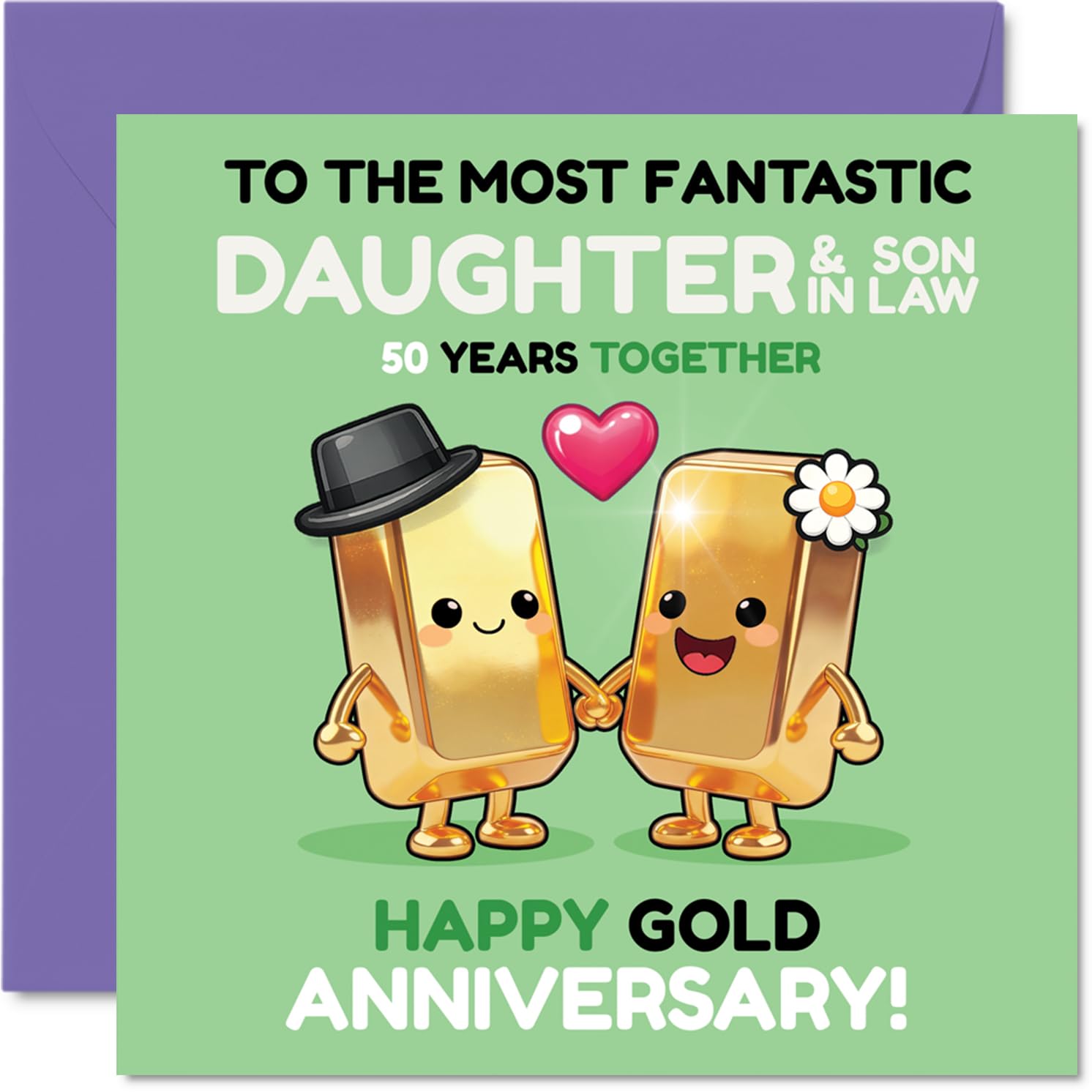 Milestone 50th Anniversary Card for Daughter & Son in Law - Golden Laughs for the Big 5-0 - Cute Gold Bar Characters Celebrating Love - 145mm Square, Envelope Included