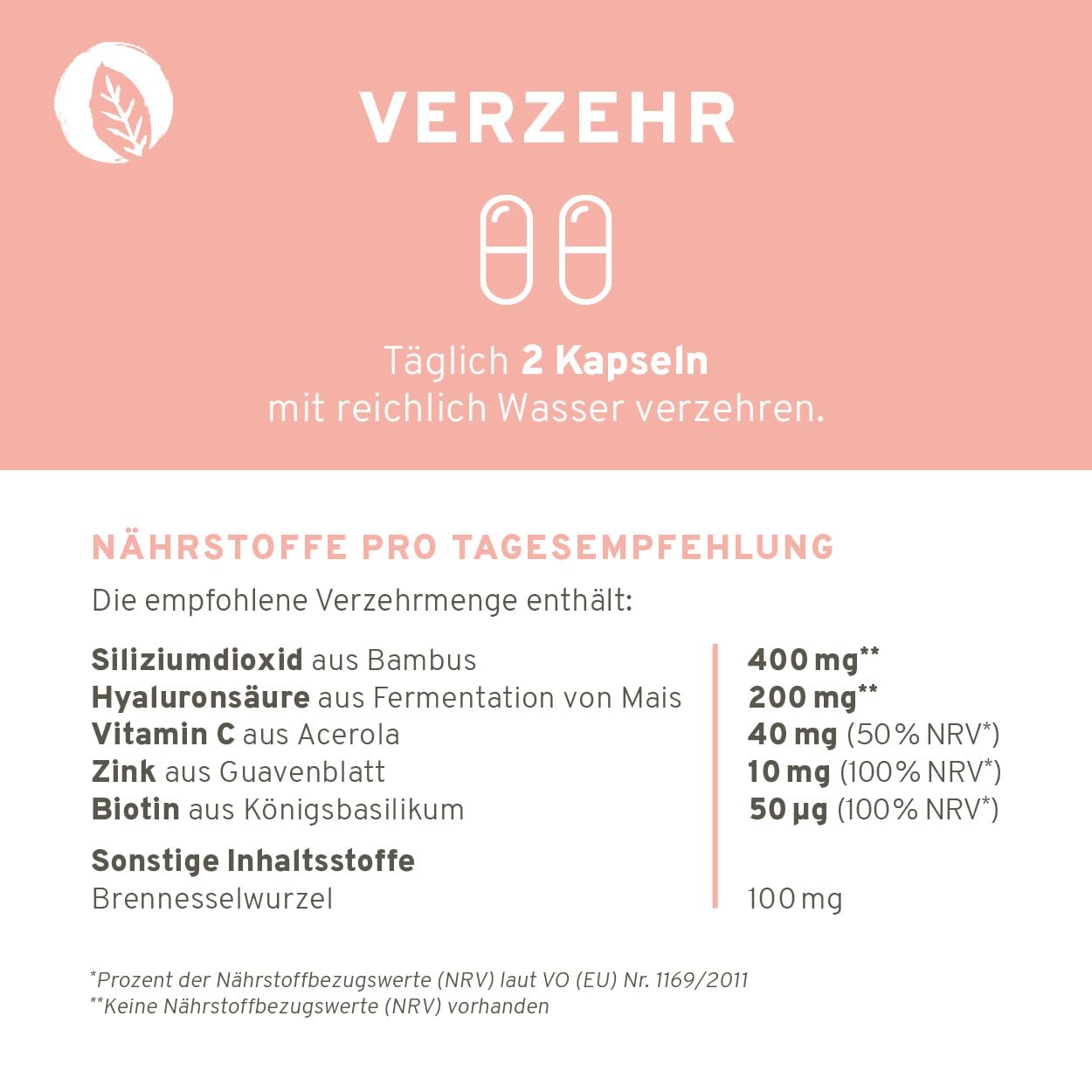 Natürlicher Haut, Haare & Nägel Komplex mit Haar-Vitamin Biotin, Zink (Zinkbisglycinat), Hyaluronsäure (500-700 kDa), Bambus (Silizium), Brennesselsamen, Hagebutte (VitaminC) + Vitamin E. 60 Kapseln.