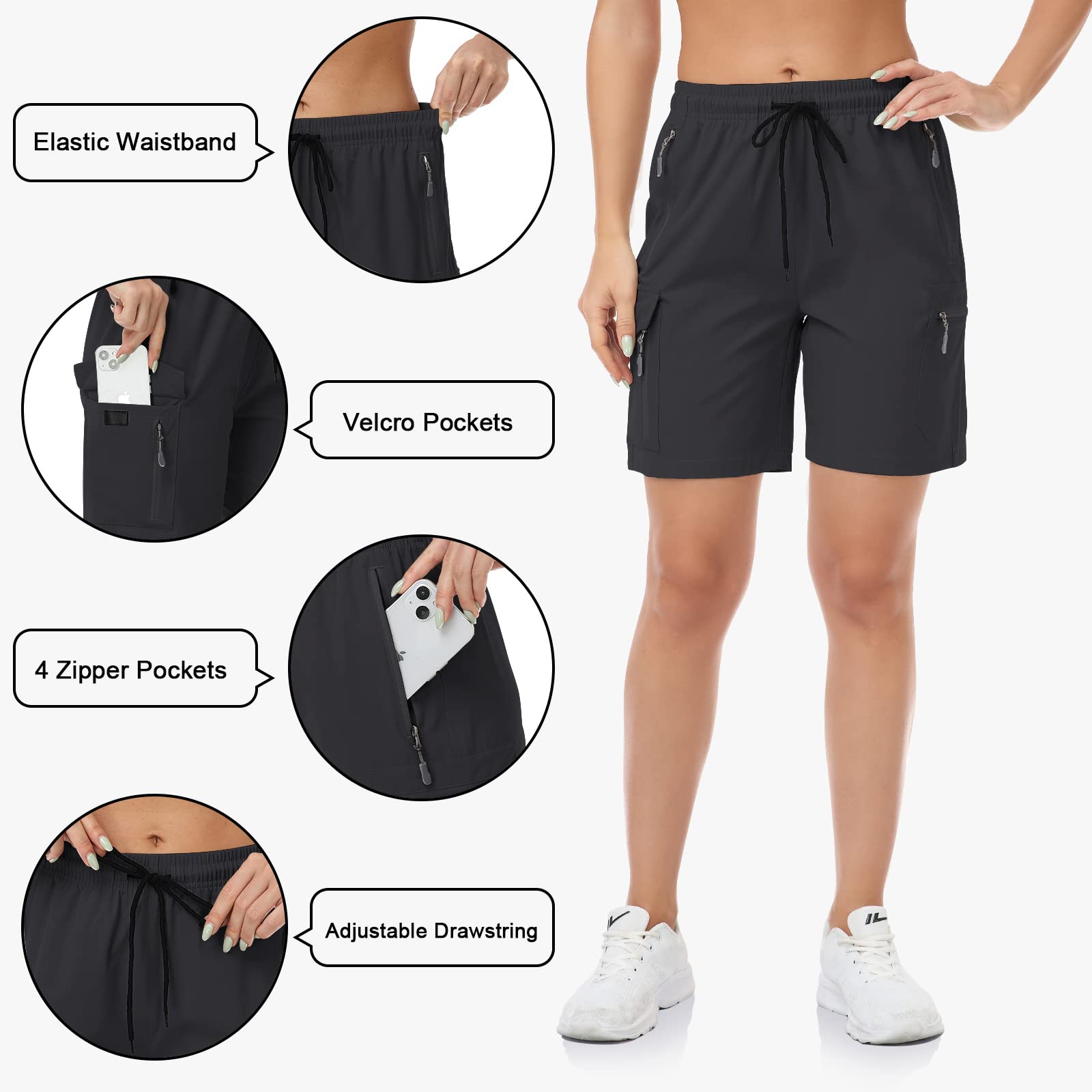 GymBrave Pantalones Cortos Trekking Mujer Verano Cargo Secado Rápido Ligero Cintura Elástica con Bolsillos para Exteriores Deporte