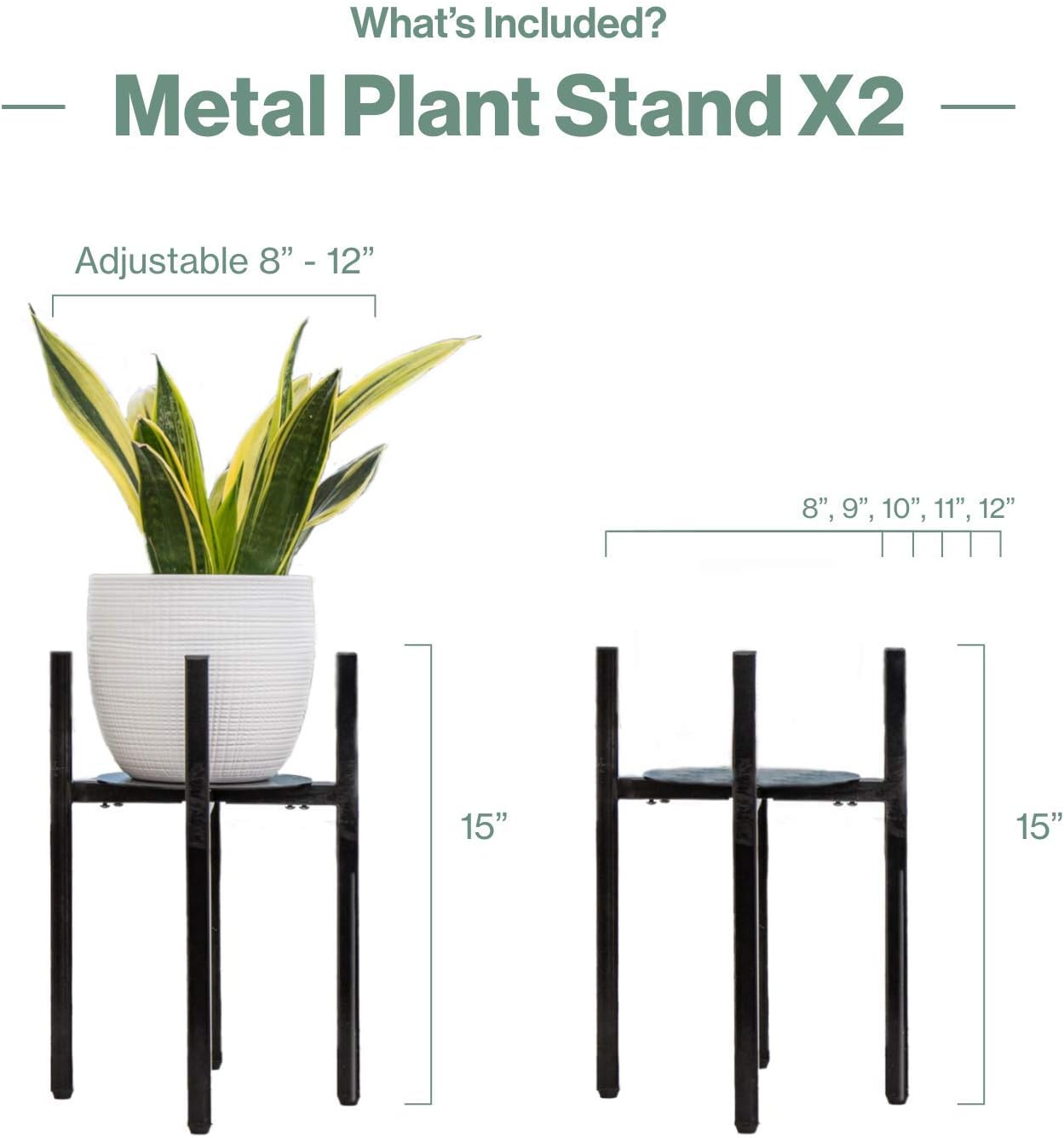 Encore Essentials Adjustable Metal Plant Stand (2 Pack) - Black Mid Century Plant Stands with Planter Trays - Heavy Duty for Large Indoor Outdoor Flower Pots & Planters (8’ to 12”) Up to 200lbs