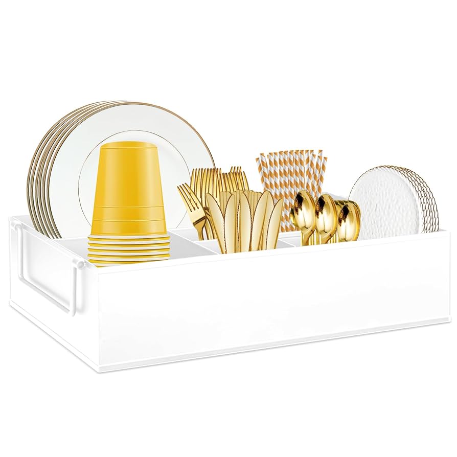 Paper Plate Dispenser Holders Utensil Caddy for Countertop,Outdoor Silverware Caddy, Picnic and Camping Utensil Holder, Flatware Organize with Handle for Party Gatherings, Metal (White)