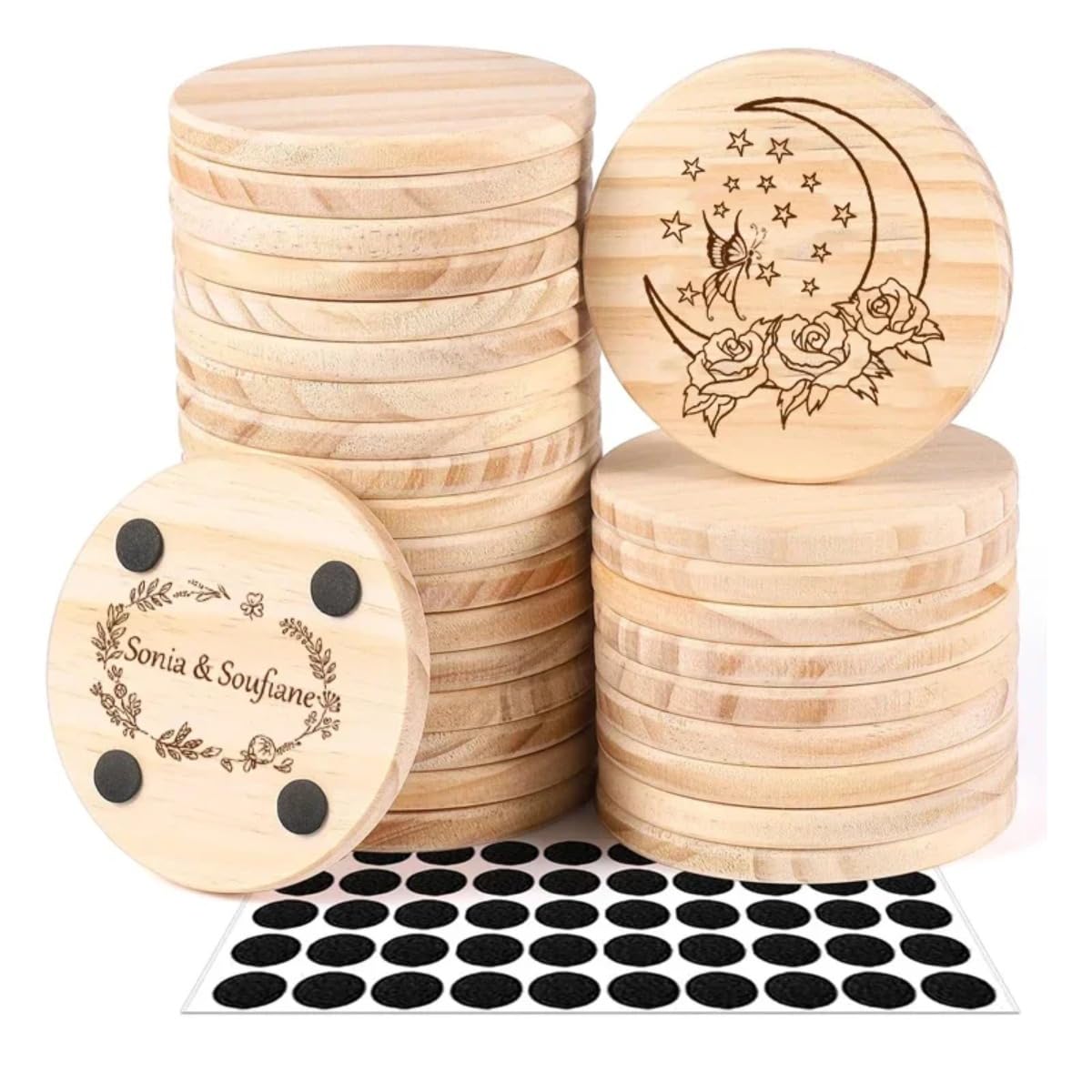 Posavasos de madera personalizados, posavasos de madera grabados, posavasos de madera personalizados para bebidas, posavasos personalizados (50 unidades, redondos)