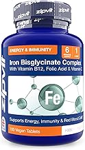 Zipvit Iron Tablets High Strength with Vitamin C, B12 & Folic Acid, 180 Vegan Energy Tablets, Iron Supplements for Women & Men for Energy & Absorption