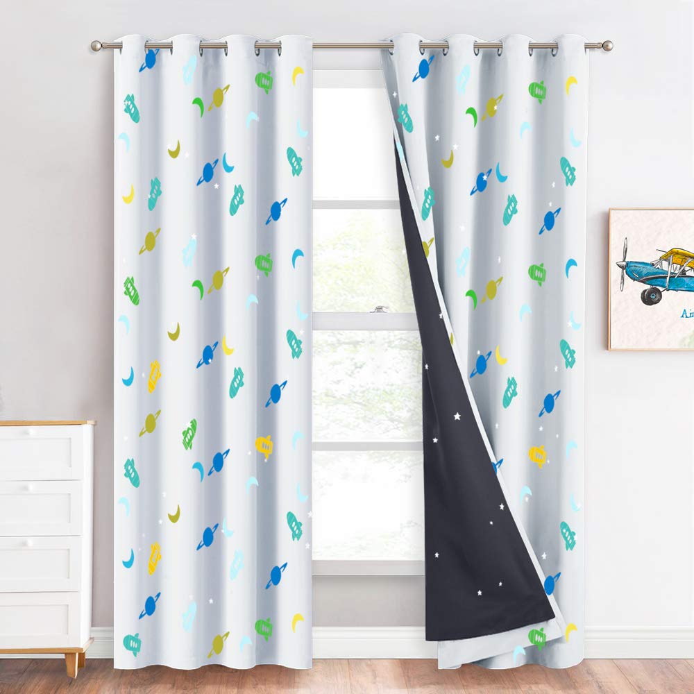 NICETOWN Blackout Boy Girl Bedroom Curtain Panels, Thermal Insulated Grommet Space Rockets Planets Moons Pattern Printed Window Curtains & Starry Liners for Nursery, 52"W x 84"L, Flesh Color, 2 Panels
