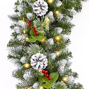 SHareconn 9FT Prelit Artificial Christmas Garland with Color Changing Lights and Timer by Batteries Operated for Mantle Table Stairs Fireplace Xmas Decoration, Holiday Indoor Outdoor, 9 FT, Snow