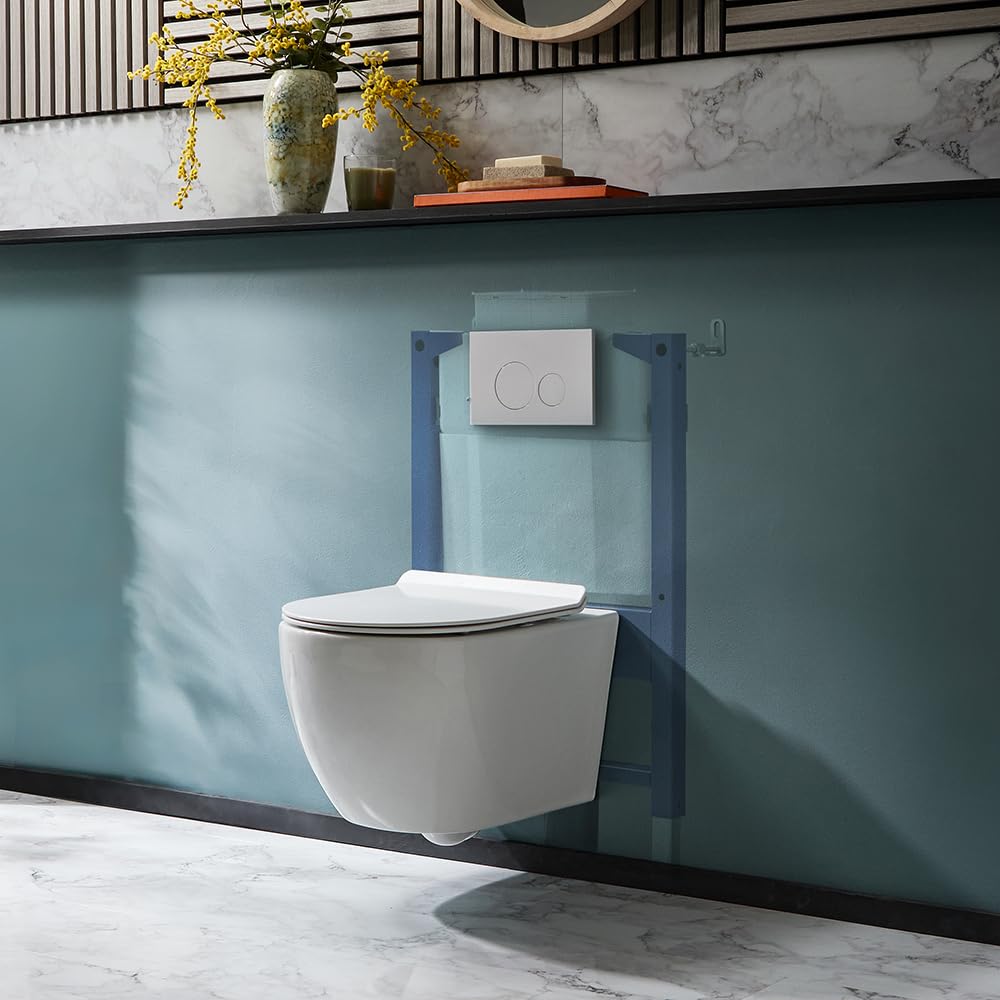 Milano Overton Wall Hung Rimless Toilet Short Frame Dual Flush Cistern - Round Plate